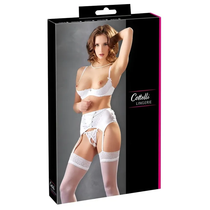 Cottelli Collection Lingerie Vibrators | Completino Intimo Sexy 3 Pezzi: Reggiseno a balconcino, reggicalze e perizoma aperto - Bianco, Taglia 80C/M