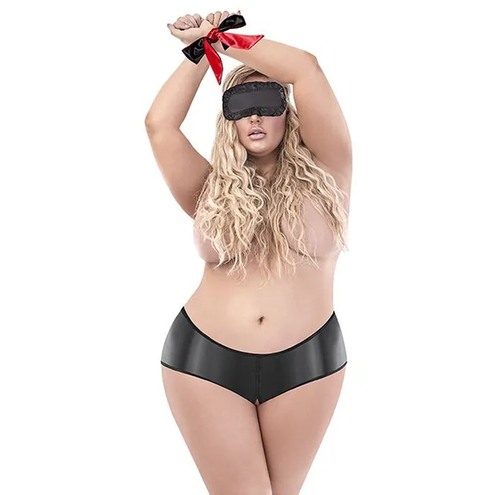 Couples | Magic Silk Love And Bondage Split Back Liquid Onyx Booty Short with 2 Piece Bondage Set