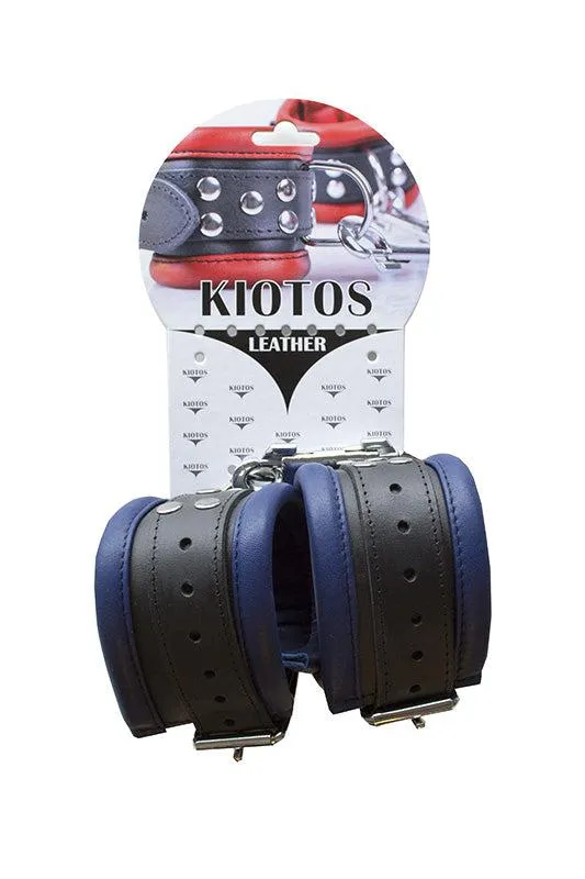 Kiotos Leather - Leren Enkelboeien 6.5 cm Breed Gevoerd - Zwart/Blauw | Kiotos Restraints