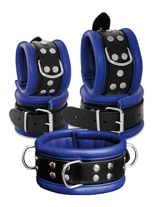 Kiotos Leather - Leren Enkelboeien 6.5 cm Breed Gevoerd - Zwart/Blauw | Kiotos Restraints