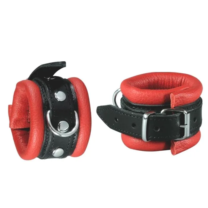 Kiotos Leather Leren handboeien 5 cm Breed Gevoerd ZwartRood Kiotos Restraints