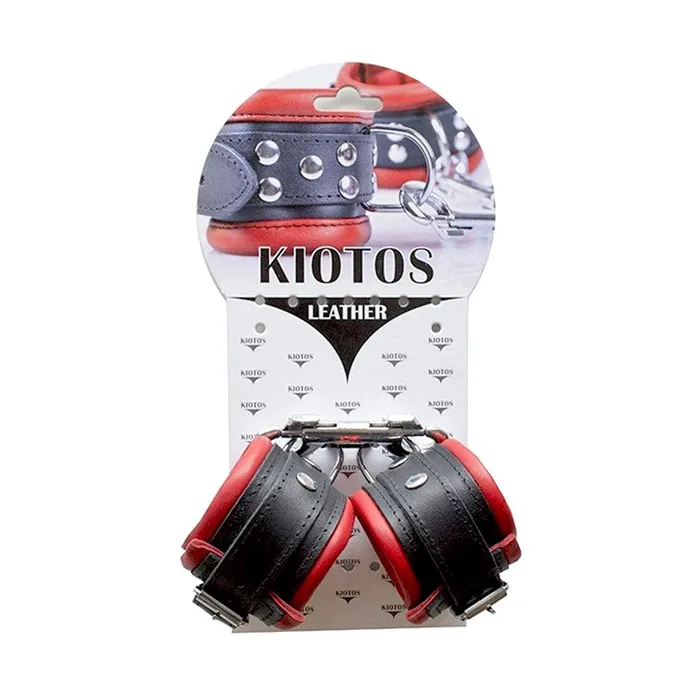 Kiotos Leather - Leren handboeien 5 cm Breed Gevoerd - Zwart/Rood | Kiotos Restraints