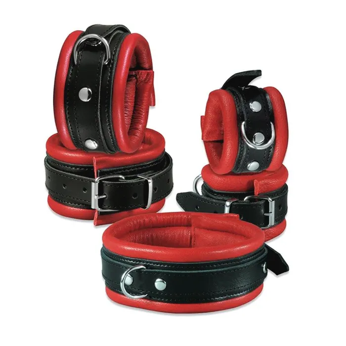 Kiotos Leather - Leren handboeien 5 cm Breed Gevoerd - Zwart/Rood | Kiotos Restraints