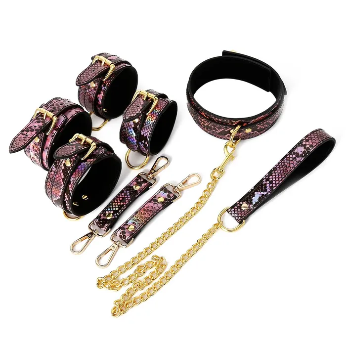 Kiotos Restraints Kiotos Leather BDSM Set 3delig Met Reptielenprint GoudRoze