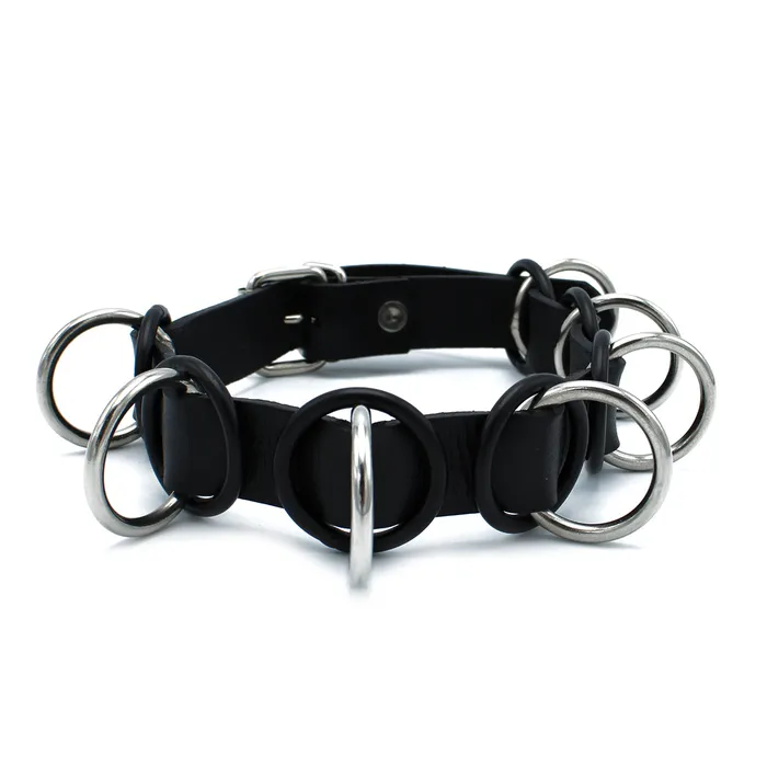 Kiotos Vibrators | Kiotos - Zwarte Lederen Collar met 7 Statement Ringen