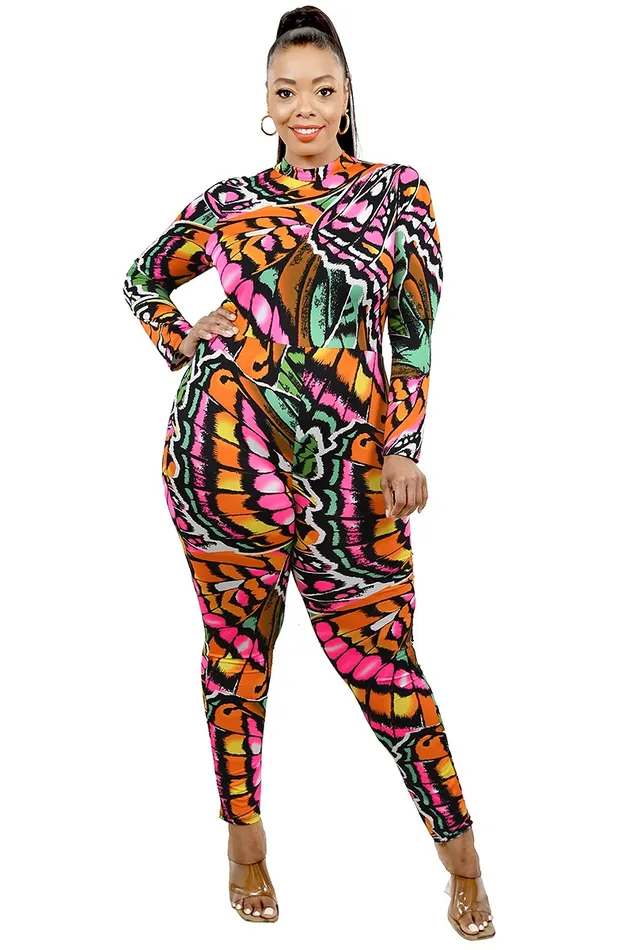 Male Sex Toys Intimate Play PLUS SIZE MULTICOLOR BACK ZIP LONG SLEEVE BUTTERFLY PRINT JUMPSUIT