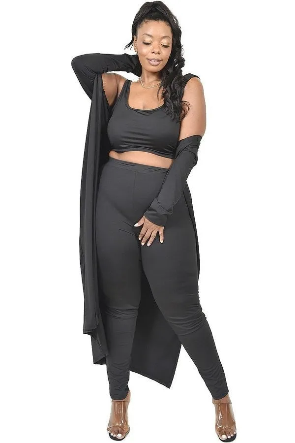 PLUS SIZE 3 PC LONG CARDIGAN ROBE CROP TOP HIGH WAIST LEGGINGS SET | Intimate Play Anal