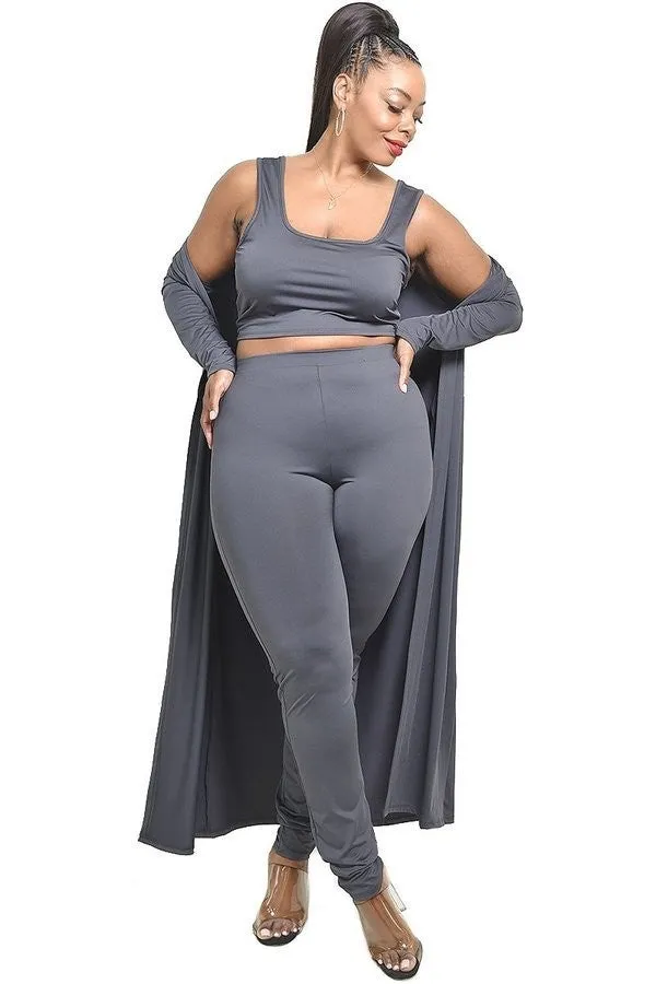 PLUS SIZE 3 PC LONG CARDIGAN ROBE CROP TOP HIGH WAIST LEGGINGS SET | Intimate Play Anal