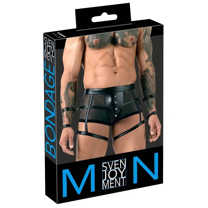 Vibrators | Svenjoyment Boxer Sexy Uomo con Stringhe e Polsiere - Nero Lucido con Trasparenze, Taglia M